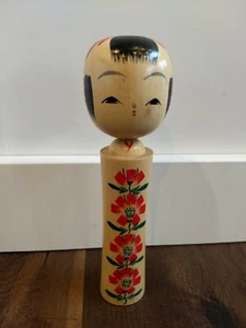 Vintage Kokeshi Doll Japanese Wooden 7" Red Flowers Estate Find w/ box  - Picture 1 of 6