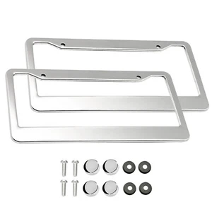 2Pc Silver Stainless Steel Car License Plate Frame Tag Cover With Screws Caps US - Picture 1 of 7