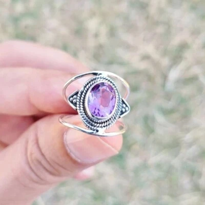 Anel de prata esterlina 925 com ametista natural feito à mão joia presente para ela A-292 - Imagem 1 de 4