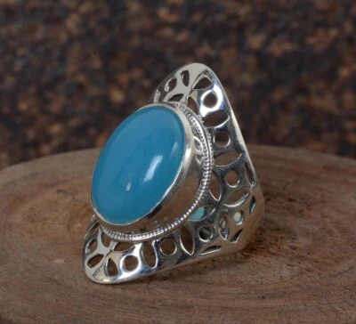 Blu Calcedonio Ovale Gemma 925 Argento Sterling Bohemien Anello Thanksgivinggift - Immagine 1 di 4