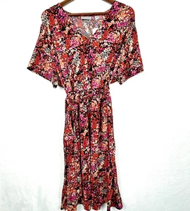 Avenue NWT Dark Floral Midi Dress 26/28 V-Neck Tie Waist Faux Wrap Stretch - Picture 1 of 9