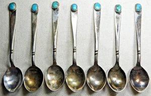 FRANK PATANIA Thunderbird Hallmark STERLING Turquoise Vintage Demitasse Spoons - Picture 1 of 5