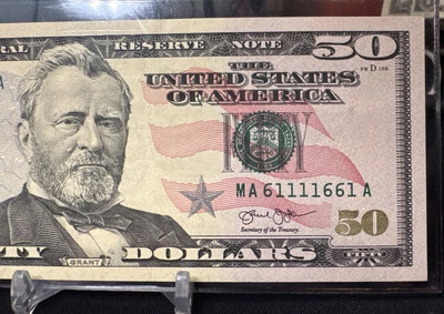 😄 2013 $50  Federal Reseerve Note. MA/A  ( BOSTON “A”) fancy serial number -UNC - Image 1 of 4