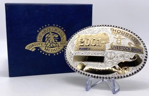 Fibbia cintura 2001 Houston Rodeo Murphy tono oro/argento spettacolo bestiame vintage HTF - Foto 1 di 14