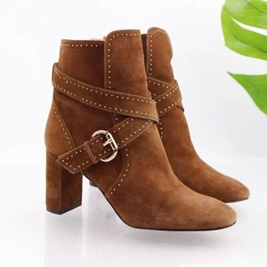Ann Taylor Women's Presley Boots Size 7 Block Heel Brown Suede Studded Bootie - Picture 1 of 13