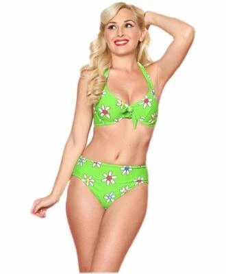 Girl Howdy Lime Green Daisy Bikini Swimsuit Flower Power Groovy 60's 70's - Imagem 1 de 4