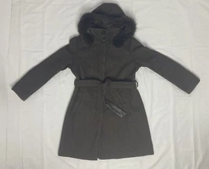 ellen tracy womens long brown wool tweed pea coat belted coyote fur hood size 12 - Picture 1 of 16