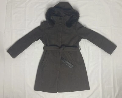 ellen tracy womens long brown wool tweed pea coat belted coyote fur hood size 12 - Image 1 of 4