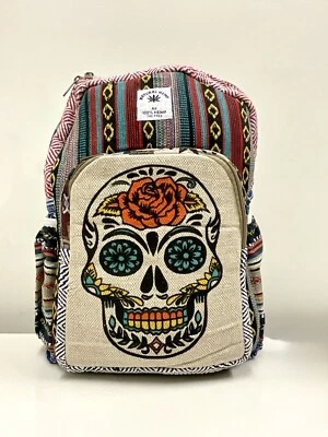 Mochila de cáñamo (cráneo de azúcar) con bolsillo para computadora portátil Nepal Comercio Justo Senderismo Boho Foto 1 de 4