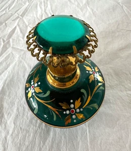 Vintage Perfume Bottle Emerald Green Glass Enamel Gold Flowers West Germany 4.5" - Picture 1 of 8