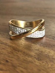 Ring "Crossing" vergoldet Kristallsteine 18,5mm Fingerring Einzelstück Gr.58 neu - Bild 1 von 2