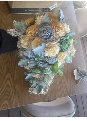 Dusty Blue Sola Wood Cascading Bridal Bouquet, 3 Bridesmaid Bouquets  - Image 1 of 4