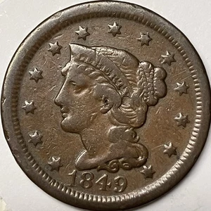 Centavo grande cabello trenzado 1849. Moneda tipo. ¡Bonita moneda! - Imagen 1 de 3