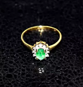 14k Yellow Gold Natural Emerald & Genuine Diamonds Ring Size 6.5 - Picture 1 of 15