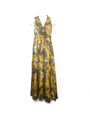 Vestido Andrew Marc 100% Seda Halter Volantes Maxi Sobrepelliz Cuello en V Amarillo Talla 2 Foto 1 de 4