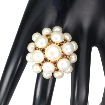 925 Sterling Silver Ring Round Pearl 10mm Mozambique Garnet Gemstone Jewelry - Image 1 of 4