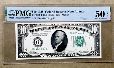 1928 $10 FRN   ATLANTA    FR 2000-F    PMG 50 EPQ   Ser# F 00461747 A - Image 1 of 3