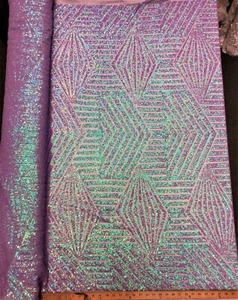 Iridescent Lilac Geometric Sequin Fabric on Mesh 2 Way Stretch BombShell Sequin - Picture 1 of 10