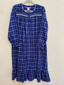 Laura Scott Blue Plaid Flannel Full Length Long Nightgown Smocking Ruffle Large - Picture 1 of 8