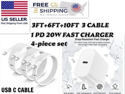 20W Type C Fast Charger Block with 3FT 6FT 10FT Charging Cable for iPhone 15 16 - Image 1 of 4