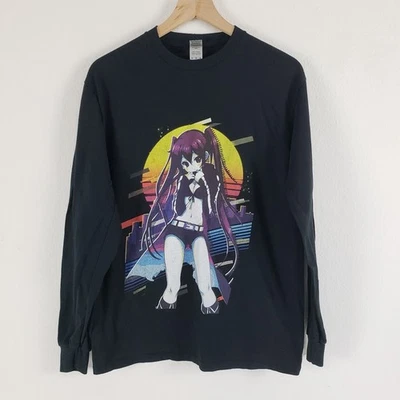 Anime Woman SIZE M Womens Black Long Sleeves T-Shirt Tee FLAW - Image 1 of 4