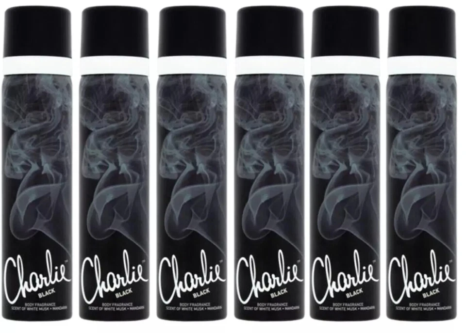 Charlie Black Perfumed Body Spray 6 X 75 ml New