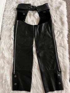 HARLEY DAVIDSON WOMEN'S SIZE Small S BLACK LEATHER CHAPS Pristine Condition - Picture 1 of 12