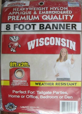 WISCONSIN BUCKY BADGERS 8 FOOT BANNER FLAG NEW IN PACKAGE WEATHER RESISTANT Cover