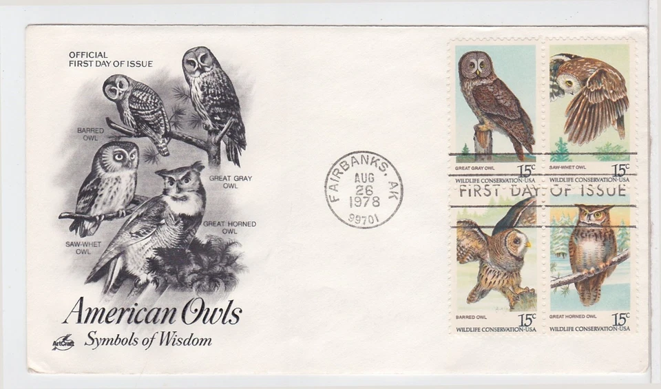 TurtlesTradingPost- American Owls 1978 #1760-63  FDC-Artcraft Cachet - Image 1 of 1
