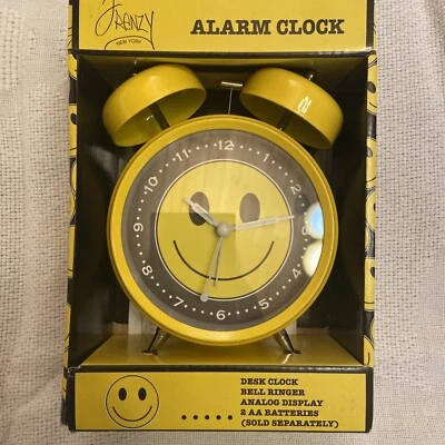 Frenzy Happy Smiley Face Alarm Clock Yellow & Black New In Box Bell Ringer - Image 1 of 4