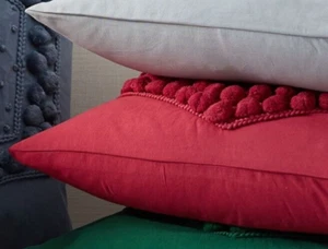 Two Pottery Barn Pom Pom Embroidered 20" Square Throw Pillow Covers, Red - Picture 1 of 2