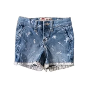 Girls Jean Shorts L.E.I. Chelsea Lowrise Size 4 Tribal Crochet Trim Adj Waist - Picture 1 of 9