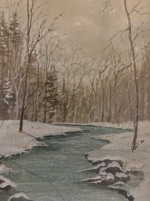 ACUARELA ORIGINAL ENMARCADA DE COLECCIÓN, paisaje de invierno, árboles de arroyo FIRMADOS Foto 1 de 4