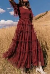 JessaKae Senna Chiffon Dress Size XS Burgundy Tiered Smocked A-Line Maxi EUC - Picture 1 of 15