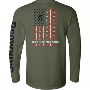 T-shirt manica lunga Browning uomo fucile proiettile bandiera USA taglia 3XL NUOVA verde militare - Foto 1 di 2