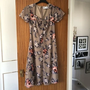 Hell Bunny Vixen Ladies Chiffon Style Coffee & Navy Floral 50’s Style Tea Dress. - Picture 1 of 14