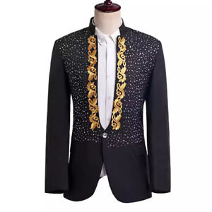 Men Embroidery Rhinestone Suit One Button Blazer Jacket Coat Business Party Suit