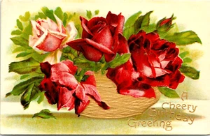 Feliz cumpleaños felicitación rosas rojas ramo postal vintage publicada - Imagen 1 de 2