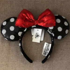 Disney Parks Black Sequin Red White Polka Dot Bow Minnie Mouse Ear Headband