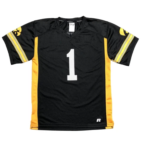 Iowa Hawkeyes Boys L 10-12 Black Russell Football Jersey Shirt #1 Hawks Fan 🖤💛 Cover