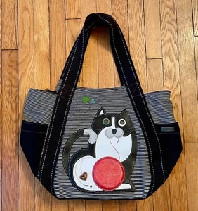 Chala Handbags Fat Cat Carryall Canvas Zippered Tote Bag with Black Kitty & Yarn - Picture 1 of 7