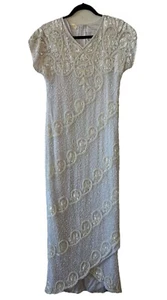 VTG White Silk Floral Beaded Sequined Maxi Dress Bohemian Beach Wedding L READ - Picture 1 of 19