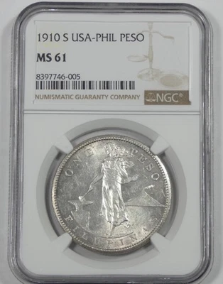 1910-S USA-PHILIPPINES Silver Peso Coin CERTIFIED NGC MS 61 - Image 1 of 4