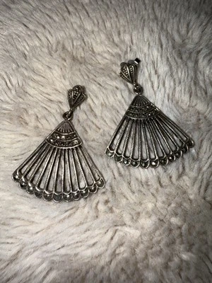 Sterling Silver Marcasite Fan Earrings 925 Dangle Pierced Ears - Image 1 of 4