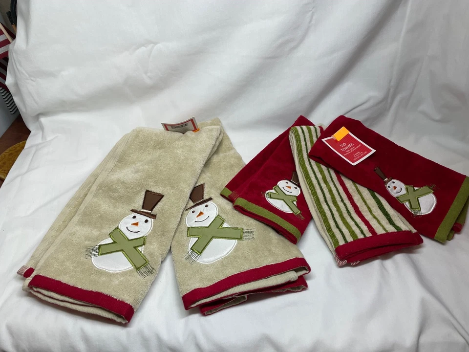 Juego de toallas de mano muñeco de nieve 2 - 15 x 25 pulgadas y toallas de punta 3 - 11 x 17 beige rojo Foto 1 de 2
