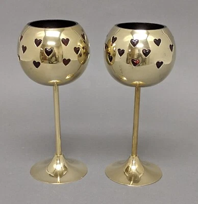 Votive Candle Holder Brass Red Glass Liner Heart Cutouts 4"D 9"High Set/2 - Image 1 of 4
