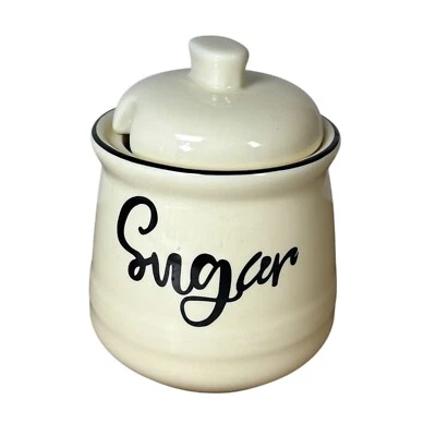 Porcelain Ceramic Sugar Bowl with Lid 12oz Cream w/ Black Trim Farmhouse - Image 1 of 4