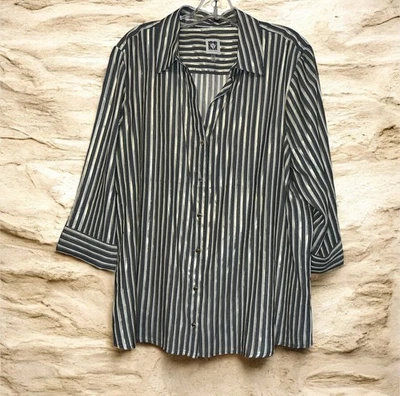 Anne Klein 金色灰色条纹 3/4 袖纽扣罩衫 XL — 第 1/4 张图片