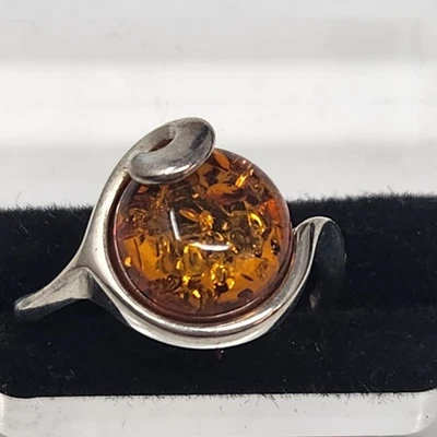 Vintage Sterling Silver Amber Cabochon Swirl Ring UK Size L Modernist 3.34g - Image 1 of 4