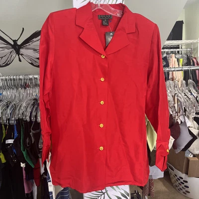 Vintage Bogari Woman 1X Silk Red L/S Gold Buttons Shoulder Pads — 第 1/4 张图片